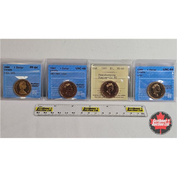 Canada One Dollar (4 Certified Coins) : - 1988 "Loon, UHC" : CCCS Cert : PF-64 - 1992 "1867-1967, Lo