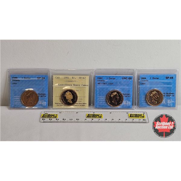 Canada One Dollar (4 Certified Coins) : - 1988 "Loon" : CCCS Cert : SP-68 - 1991 "Loon ; Ultra Heavy