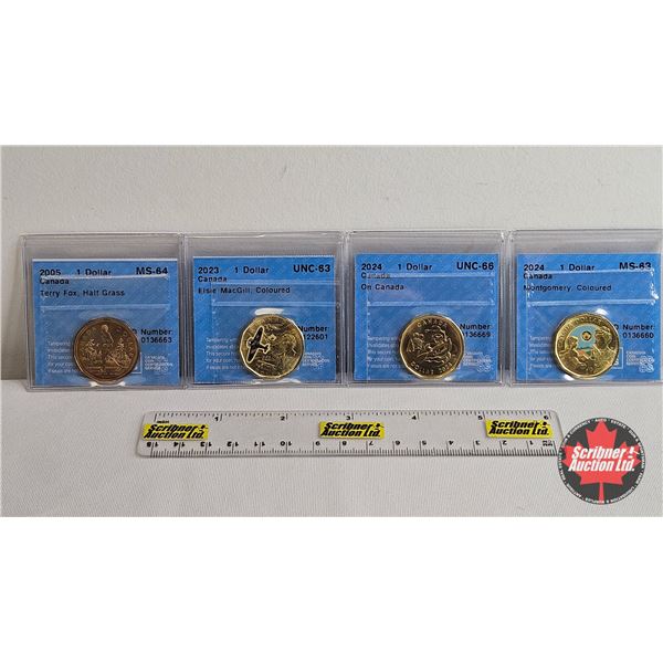 Canada One Dollar (4 Certified Coins) : - 2005 "Terry Fox, Half Grass" : CCCS Cert : MS-64 - 2023 "E