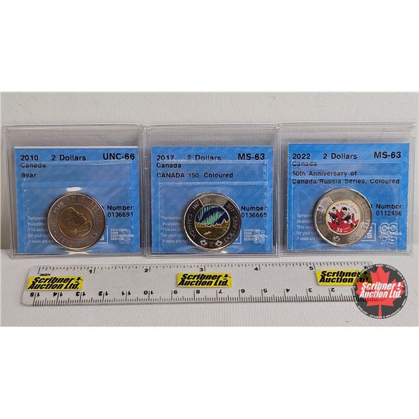 Canada Two Dollar "Toonies" (3 Certified Coins) : - 2010 "Bear" : CCCS Cert : UNC-66 - 2017 "Canada 