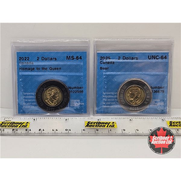 Canada Two Dollar "Toonies" (2 Certified Coins) : - 2022 "Homage to the Queen" : CCCS Cert : MS-64 -