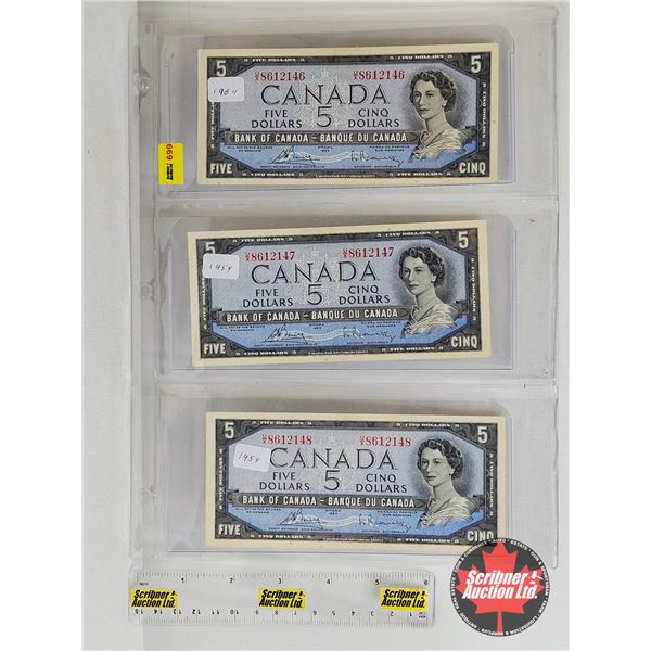 Canada $5 Bills 1954 (3 Consecutive) : Bouey/Rasminsky #UX8612146-147-148