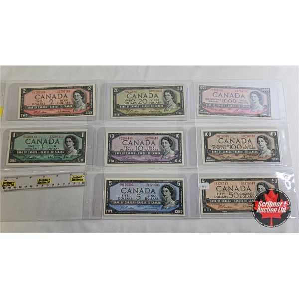Canada Bills 1954 Series (8) : - $1000 : Lawson/Bouey #AK1784166 - $100 : Lawson/Bouey #CJ0226059 - 