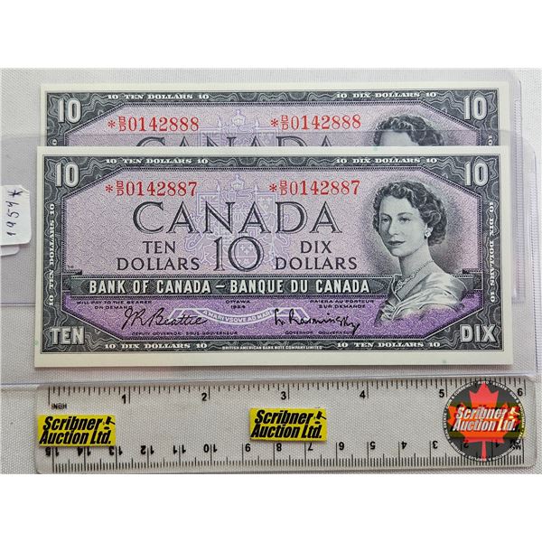 Canada $10 Bills 1954 * REPLACEMENTS (2 Consecutive) : Beattie/Rasminsky # *BD0142887-888