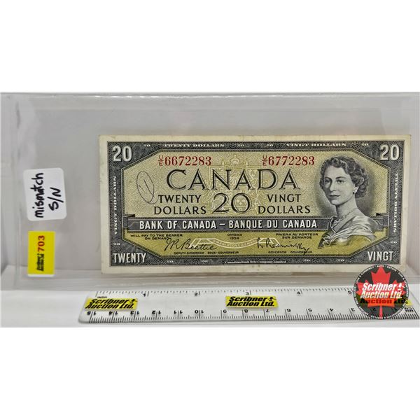 Mismatched Serial Numbers : Canada $20 Bill 1954 : Beattie/Rasminsky (Left : S/N# UE6672283) (Right 