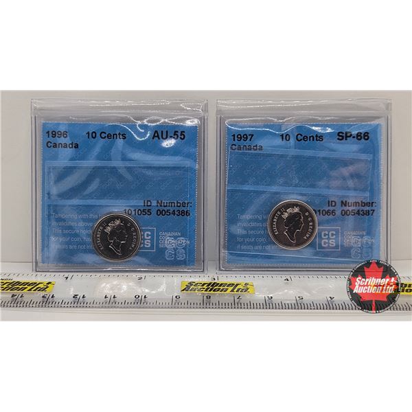 Canada Ten Cent (2 Certified Coins) : - 1996 : CCCS : AU-55 - 1997 : CCCS : SP-66