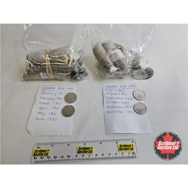 Canada Twenty Five Cent 1999 (Partial Rolls) : (432 Coins) - January (36) - February (36) - March (3