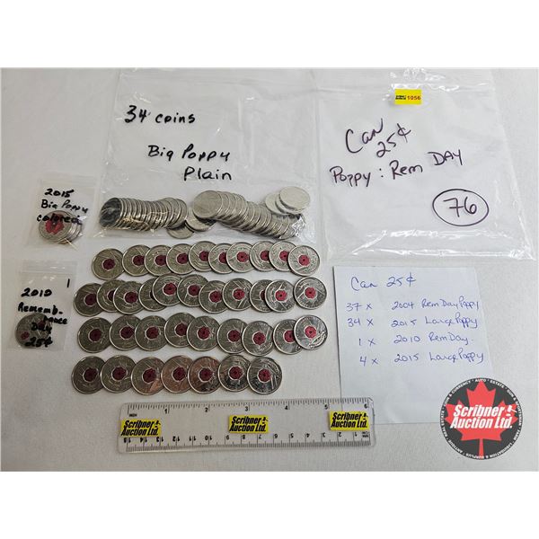 Canada Twenty Five Cent (76 Coins) : - 2004 Poppy (37) - 2015 Large Poppy (34) - 2010 Remembrance Da