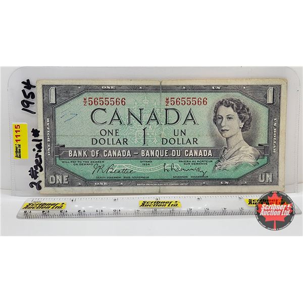 Canada $1 Bill 1954 (2 Digit Serial Number) : Beattie/Rasminsky #WZ5655566