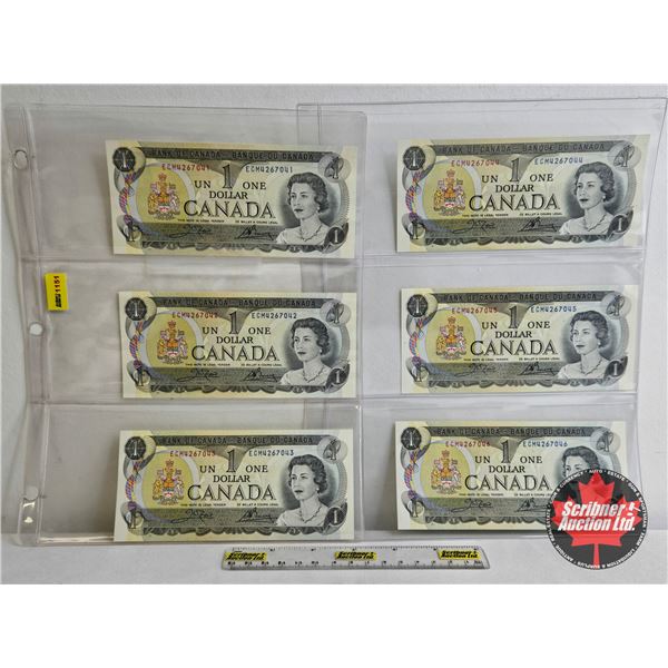 Canada $1 Bills 1973 (6 Sequential) : Crow/Bouey #ECM4267041-046