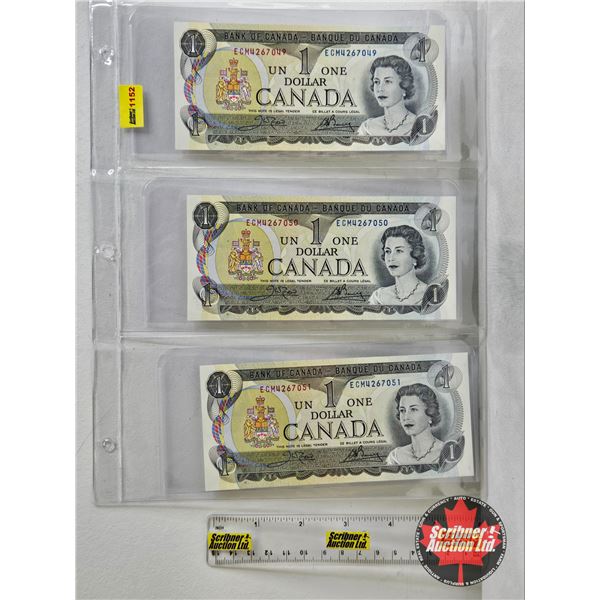 Canada $1 Bills 1973 (3 Sequential) : Crow/Bouey #ECM4267049-050-051