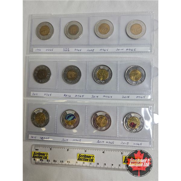 Canada Toonies (12) : 1996; 1996-2006; 2008; 2010; 2011; 2012; 2014; 2015; 2015; 2017 Color; 2017; 2