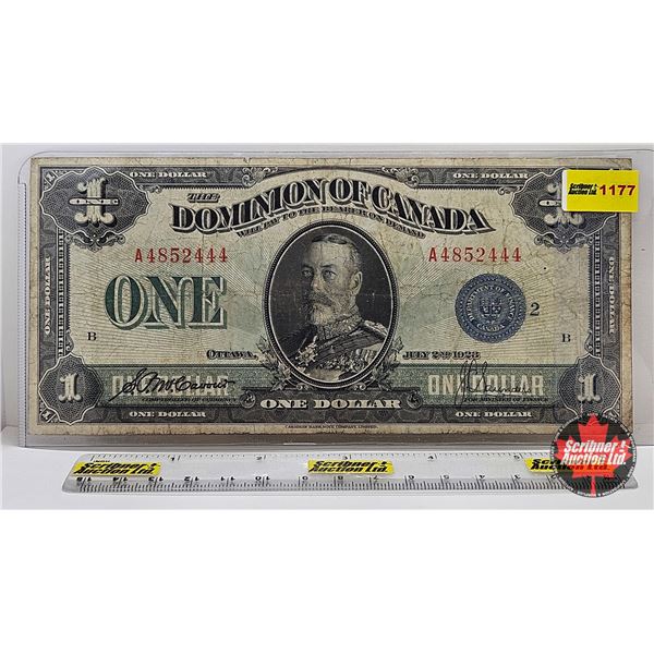 Dominion of Canada $1 Bill : 1923 "Blue Seal" : McCavour/Saunders #A4852444 (Note: Torn & Repaired)