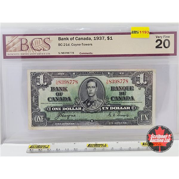Bank of Canada $1 Bill 1937 : Coyne/Towers #SN8398778 (BCS Cert : Very Fine 20)