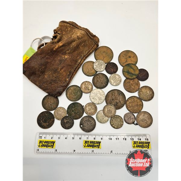 British Coin Collection in Leather Pouch : 1700's ; 1800's ; 1900's (28 Coins total)