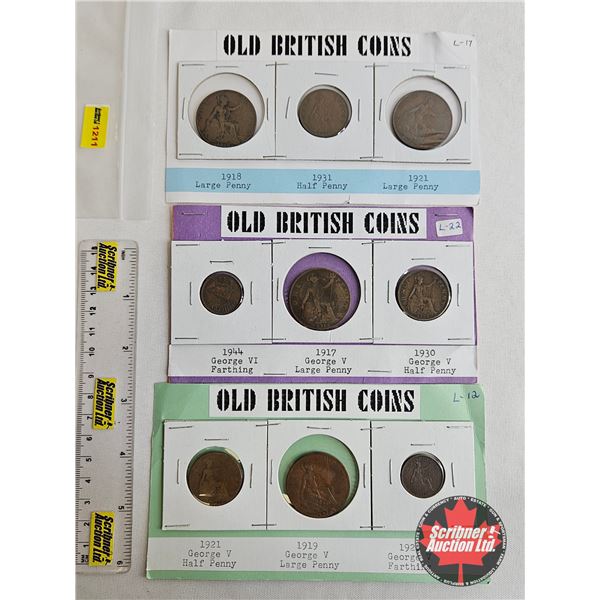 Great Britain Coins (9) :  - 1918 Large Penny - 1931 Half Penny - 1921 Large Penny - 1944 Farthing -