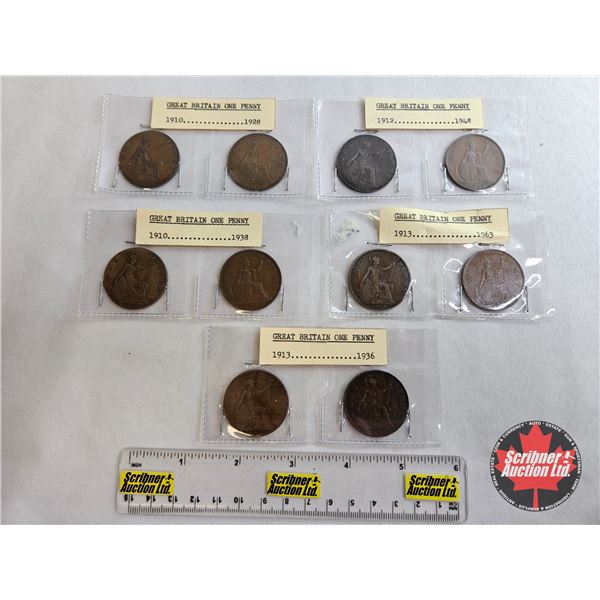 United Kingdom One Penny (10) :  1913; 1936; 1910; 1938; 1913; 1963; 1912; 1948; 1910; 1928