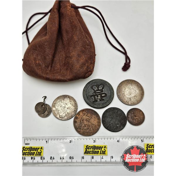 British Coin Collection in Leather Pouch (8 Coins) : 1700's & 1800's