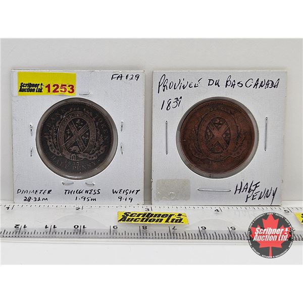 Province du bas Canada Un Sou 1837 : Bank Token Half Penny Tokens (2)