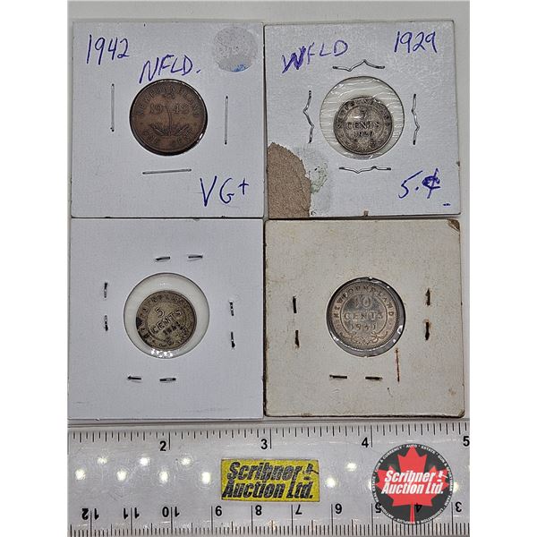 Newfoundland Coins (4) :  - One Cent 1942 - Five Cent 1929 (2) - Ten Cent 1941