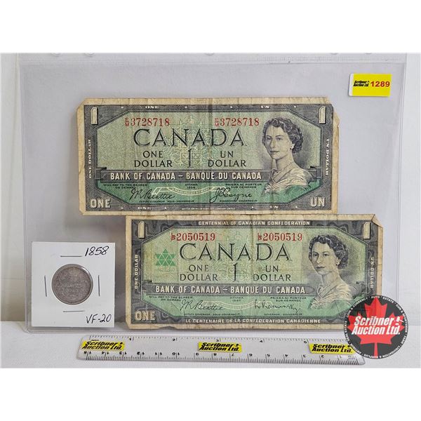 Collector Combo (3) Coin / Bills :  - 1858 Twenty Cent - 1954 $1 Bill : Beattie/Coyne #EM3728718 - 1