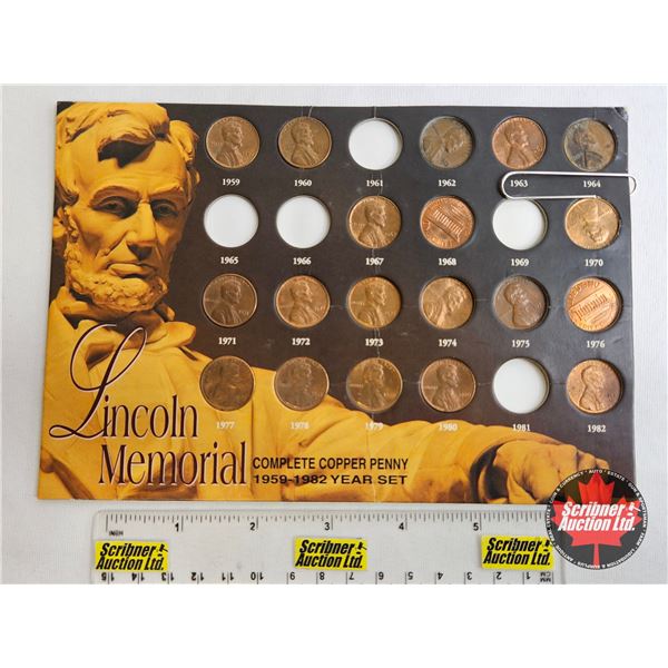 Lincoln Memorial Copper Penny Collector Card with 19 Coins (1950's - 1980's)