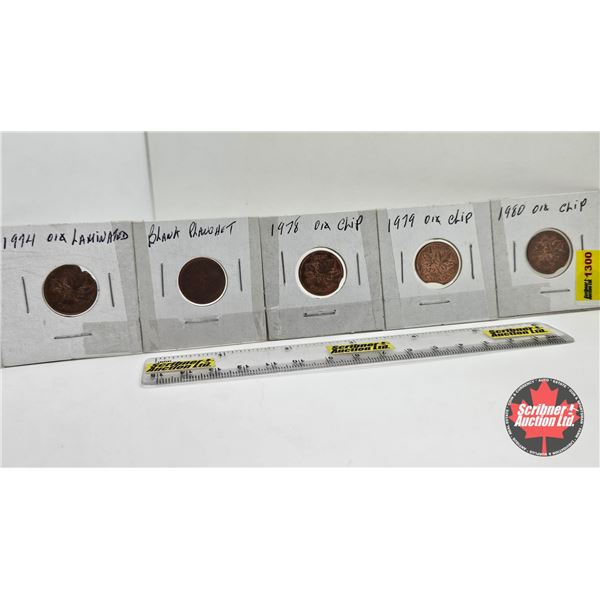 Canada One Cent (Seller Note: Error Coins) (5) : 1974 Laminated; Blank Planchet; 1978 Clip ; 1979 Cl