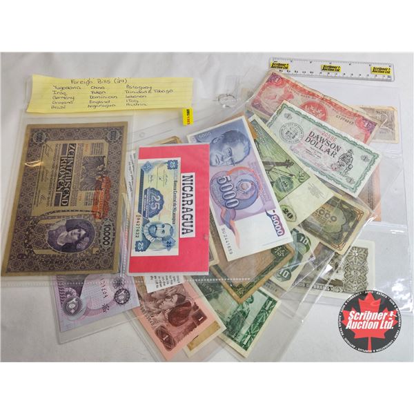 Foreign Currency Collection (24 Bills) Large Variety Incl. China, Yukon, England, Brazil, Germany, I