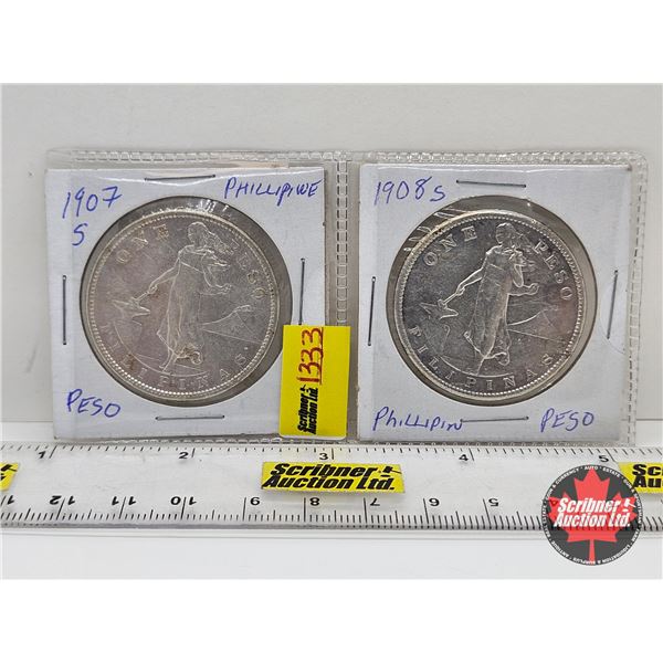 Philippines One Peso (2) : Insular Government "USA" : 1907S ; 1908S