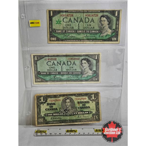 Canada $1 Bills (3) : - 1967 Beattie/Rasminsky #KP3614726 - 1954 Bouey/Rasminsky #TF1852932 - 1937 G