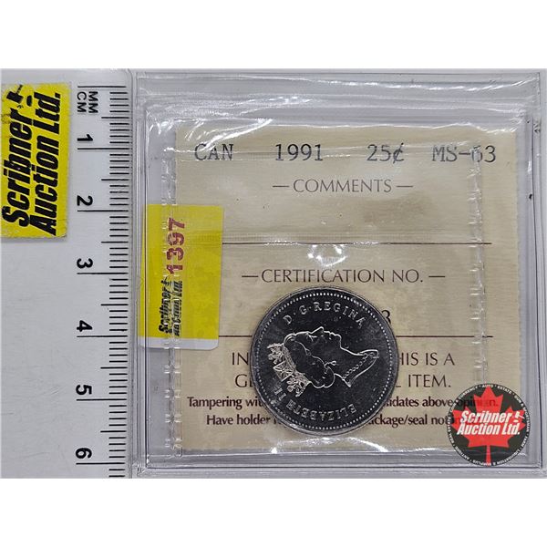 Canada Twenty Five Cent 1991 : ICCS Cert : MS-63