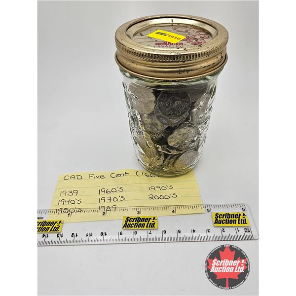 Canada Five Cent Coin Collection (166) Variety : 1930's - 2000's (Jar)