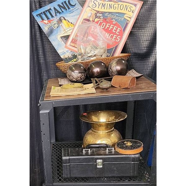 Brass 5¢ Cigars Vase, Vintage- Look Metal Prints, Rolling Shelf and Other Decor