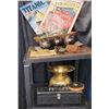 Image 1 : Brass 5¢ Cigars Vase, Vintage- Look Metal Prints, Rolling Shelf and Other Decor