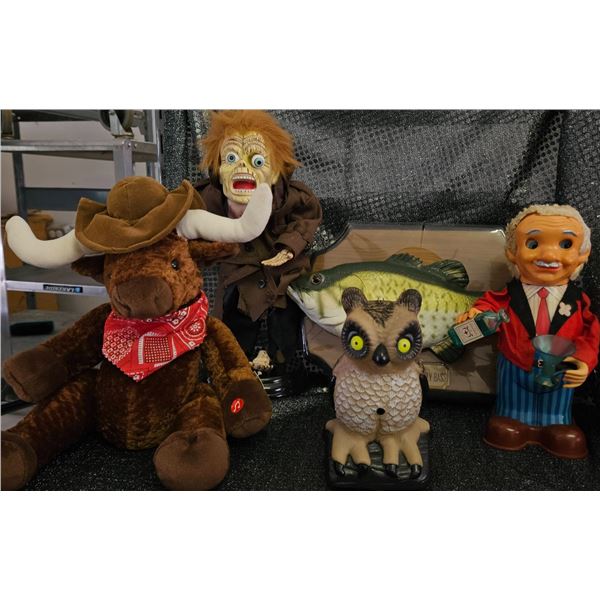 Novelty Animated Collectibles Lot – Singing Fish, Cowboy Moose, Bartender, Owl, Monster