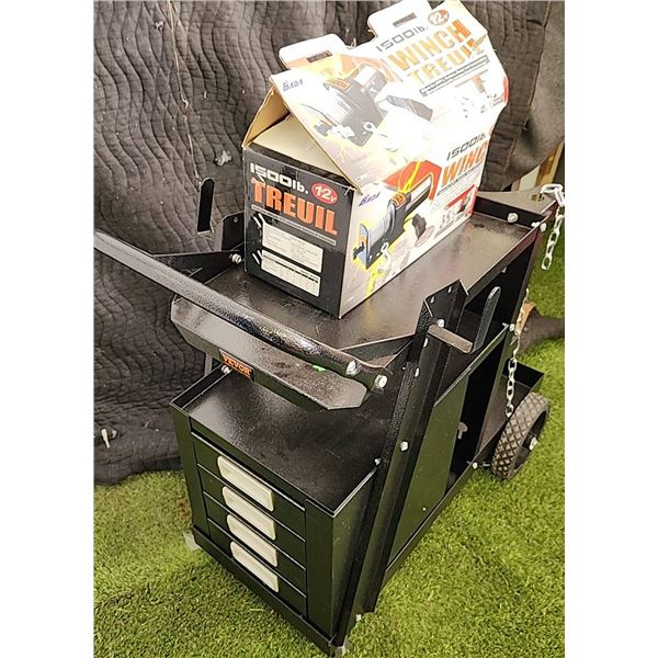 Bada 1500 lb 12V Winch and Vevor Rolling Tool Cart with Drawers