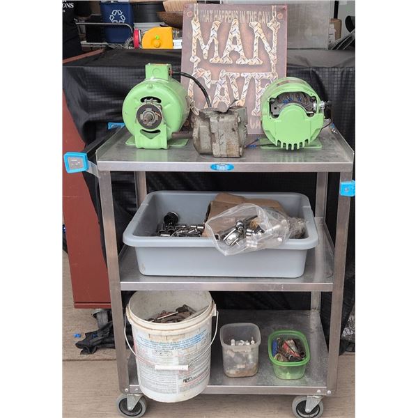 Workshop Cart With DC Motors, Hydraulic Motor, Tools, and Sign
