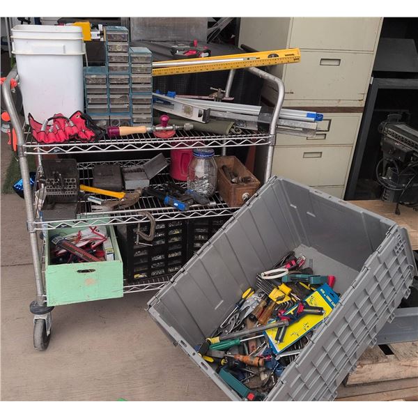 Large Assorted Hand Tools and Hardware on Rolling Cart