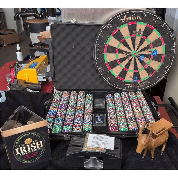 Poker Chip Set with Case, Wifflyte Dartboard, Irish CD Set, Novelty Donkey Cigarette Dispenser