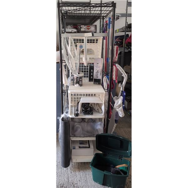 Household Cleaning and Organization Lot, Fans, Mops, Assorted Supplies