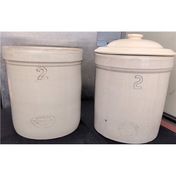 Medalta Potteries #2 Stoneware Crocks, One With Lid