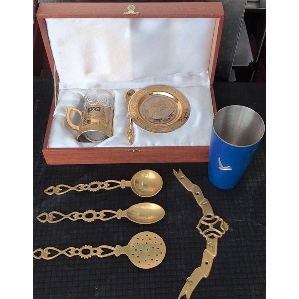 NHL Russian Tea Set With Brass Spoons and Blue Metal Cup