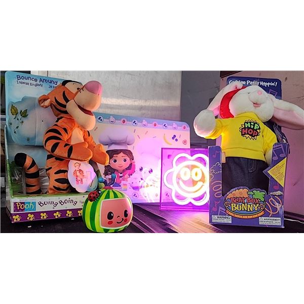 Animated & Light-Up Toys Lot: Tigger, Bunny, Neon Sign, Watermelon Toy