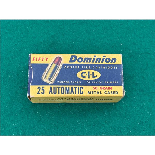 25 Automatic 50 Gr Dominion Factory Centrefire Cartridges in Collectors Box