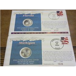 2-State Quarters 1st Day Covers With Coins FL, MI