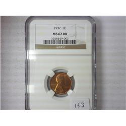 1932 Lincoln Cent NGC MS62 RB