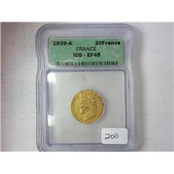 1839-A France Gold 20 Francs ICG EF 45
