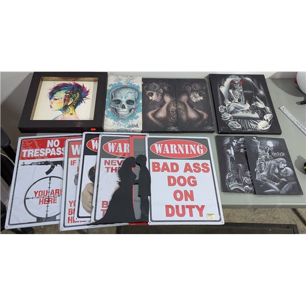 Lot of Assorted Signs w/ Tattoo-Style Signs, Warning Signs, Trespassing Signs, & More
