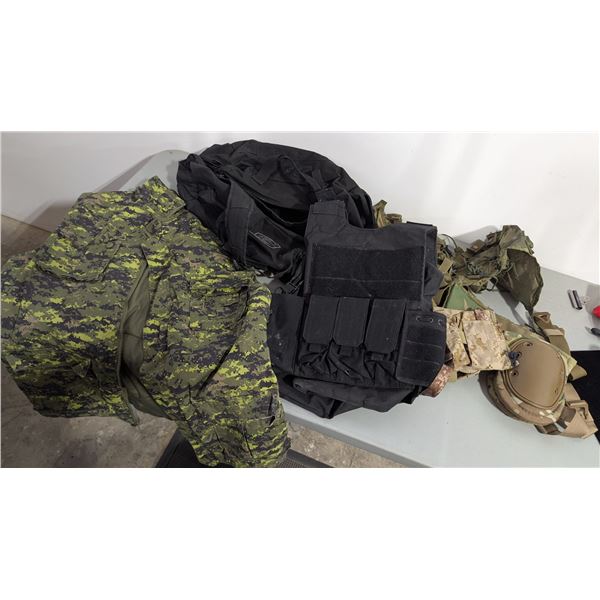 Tactical Attire Lot w/ Camo Vest, Tactical Vest, Holsters, & Knee Pads