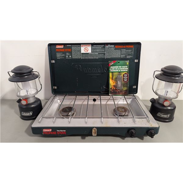 Camping Lot w/ 2 Coleman Lanterns, Coleman Propane Stove, & Magnesium Fire Starter